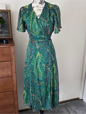 SUD Express Green Paisley Midi Dress Short Sleeve Boho M